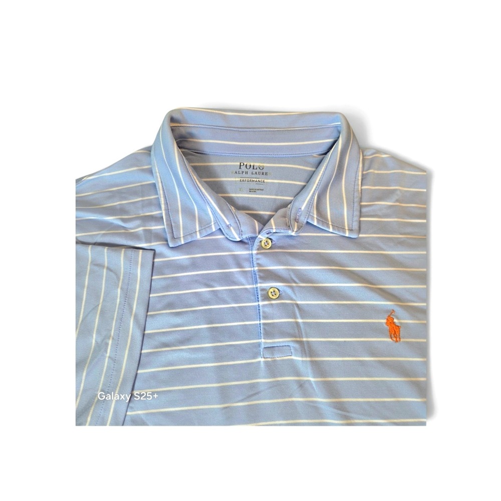 Polo Ralph Lauren Performance Mens XL Blue White Striped Golf Polo Orange Pony